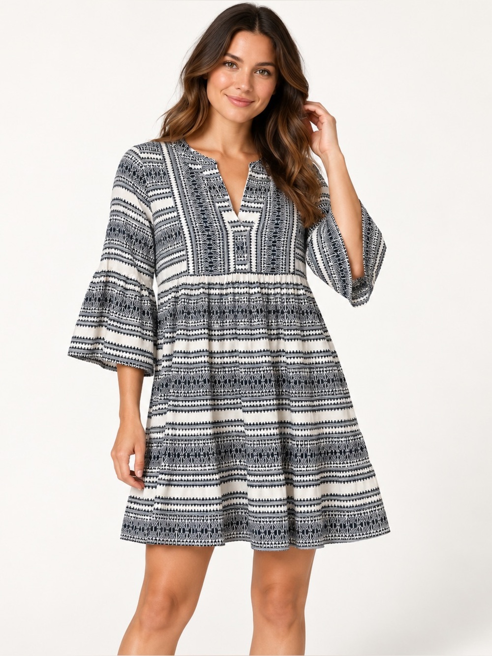Ariat Savanna Blue White Geometric Tiered Boho Western Dress Small